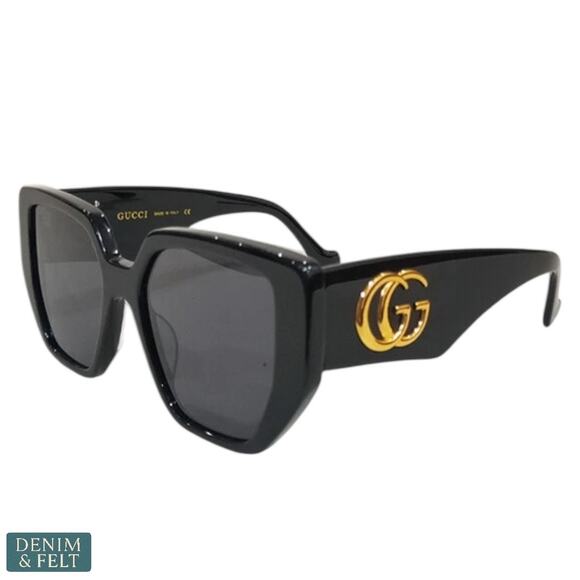 GUCCI GG0956S Rectangle Sunglasses Black/Gold Frame Grey Lens 54-19 Italy NEW - Picture 1 of 16